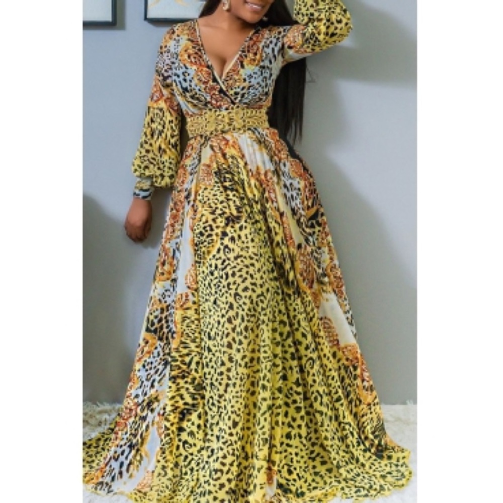 V Neck Animal Pattern Yellow Floor Length Dress